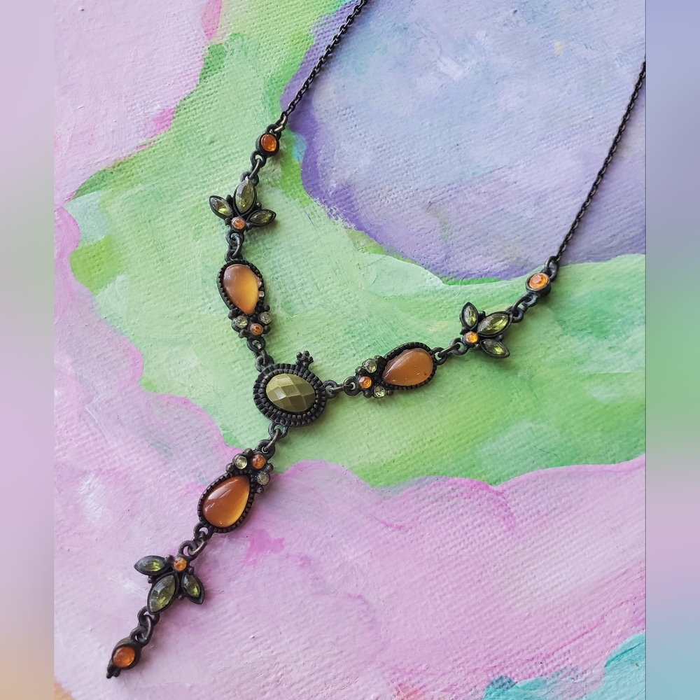Retro Bronze Amber Cabochon Drop Necklace